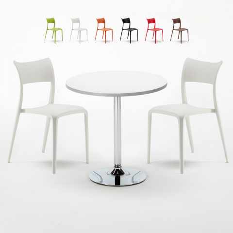 Biały okrągły stolik 70x70 cm z 2 kolorowymi krzesłami Parisienne Long Island Promocja