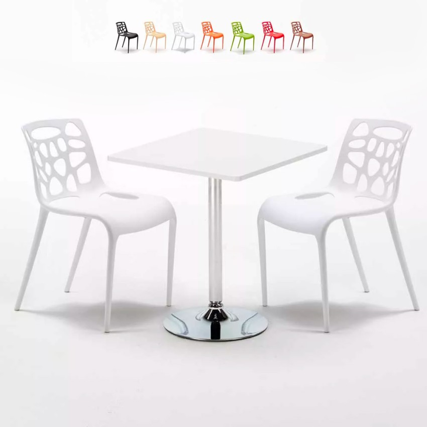 Biały kwadratowy stolik 70x70 cm z 2 kolorowymi krzesłami Gelateria Cocktail Promocja Biały kwadratowy stolik 70x70 cm z 2 kolorowymi krzesłami Gelateria Cocktail Promocja