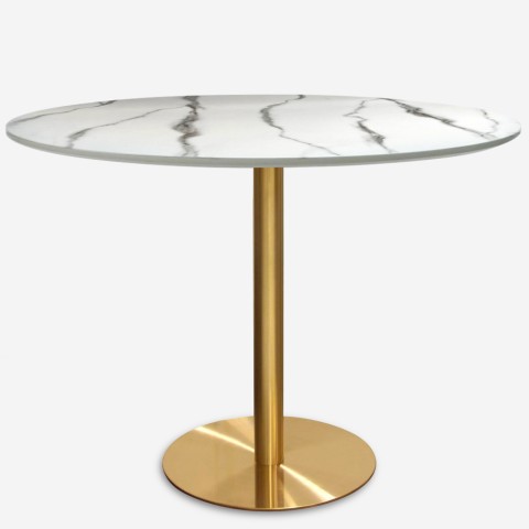 Stół do jadalni okrągły w stylu Goblet 120cm z efektem marmuru w kolorze złotym Monika+ Promocja