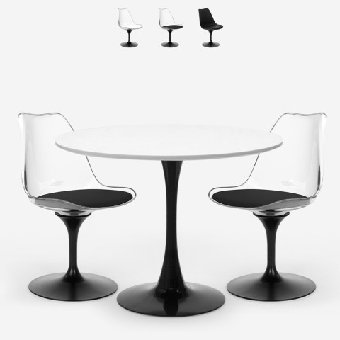 Ustawienie stołu Tulipan okrągły 80cm 2 krzesła poliwęglanowe biało-czarne Crayon. Promocja