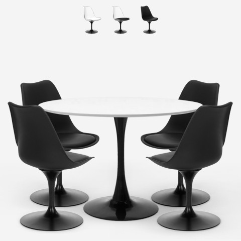 Zestaw stół okrągły 120cm 4 krzesła Tulipan poliwęglan biały czarny Crayon+ Promocja