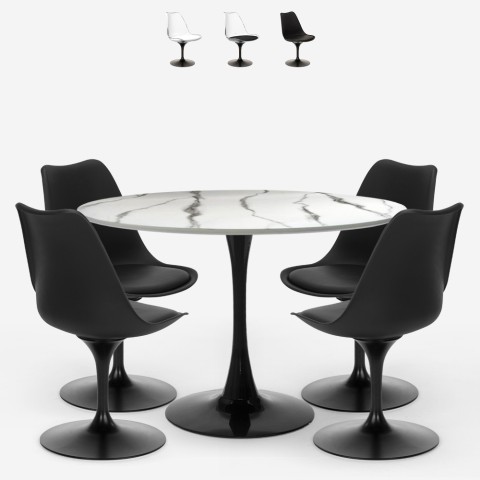 Set 4 krzesła Tulipan biało-czarne, okrągły stół 120cm z efektem marmuru Lapis+ Promocja