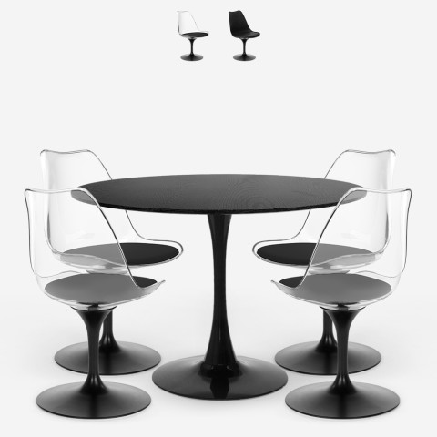 Zestaw stół okrągły 120cm czarny 4 krzesła styl Tulipan transparentne Almat+ Promocja