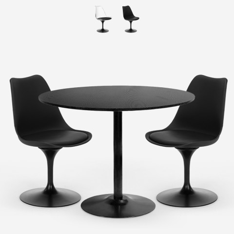 Ustawienie czarnego stołu Tulipan o średnicy 80 cm ze szklanymi krzesłami Haki Promocja