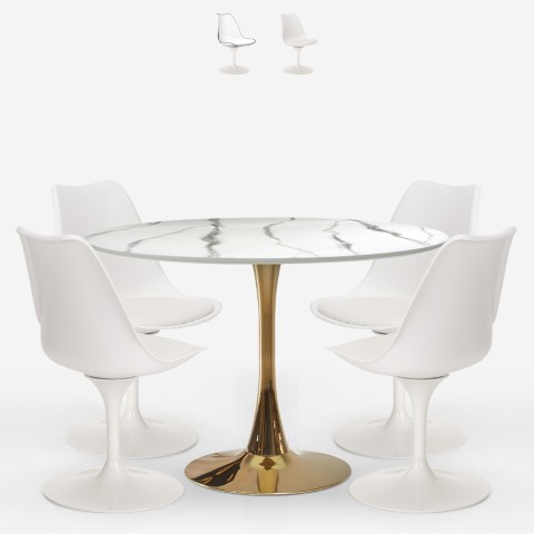 Ustaw 4 krzesła Tulipan biały stół efekt marmuru złocisty okrągły 120cm Saidu+ Promocja