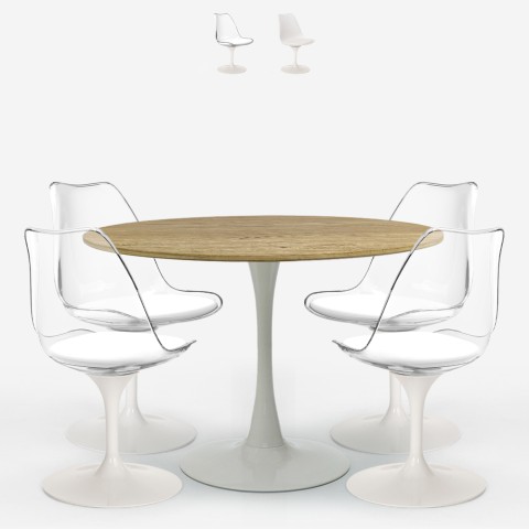 Zestaw 4 krzeseł białych przezroczystych, stół Tulipan z okrągłym drewnianym blatem o długości 120cm Meis+ Promocja