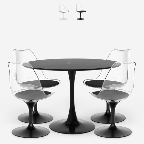 Set 4 krzesła Tulipan stół okrągły 120cm biało-czarny efekt marmur Liwat+ Promocja