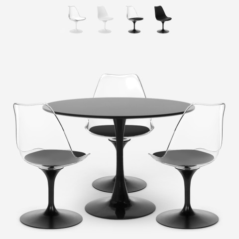 Zestaw Tulipan, okrągły stół, 90 cm, biało-czarny, 3 krzesła przezroczyste Wasen Promocja