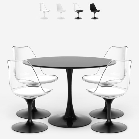 Ustawienie stołu do jadalni w stylu Tulipan, okrągły, 120 cm, 4 krzesła, czarno-biały, Balmen. Promocja
