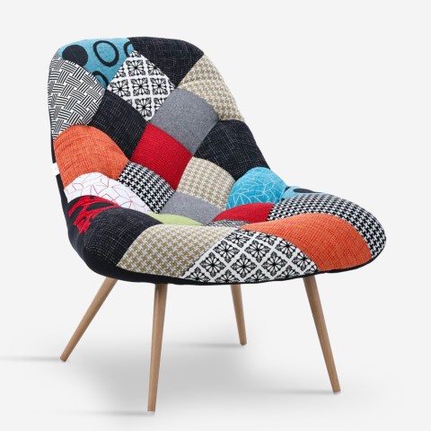 Fotel w salonie z tkaniny w stylu skandynawskim, we wzór patchworkowy, wielokolorowy - Nevada. Promocja