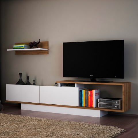 Mobilny stolik TV 180cm - biały drewno włoskie z drzwiczką i półką na ścianę Asos. Promocja