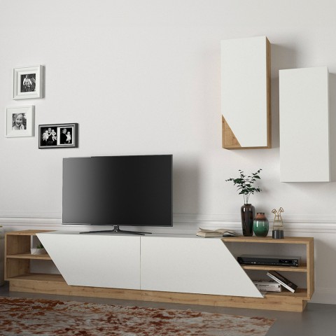 Pływająca szafka TV z dwoma drzwiczkami i dwoma wiszącymi półkami, biały drewno River Promocja