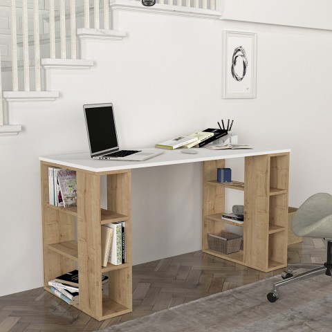 Biurko gabinet biurowe białe drewno 6 półek 140x60x75cm Leonardo Promocja
