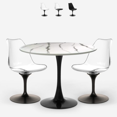 Ustawienie stół okrągły 80cm Tulipan efekt marmuru 2 krzesła biały czarny Lapis Promocja