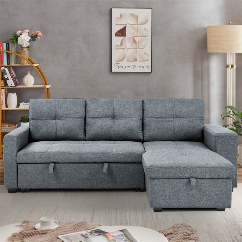 Sofa rozkładana 3-osobowa szara narożna z szezlągiem, schowkiem na gniazdo USB-C i wnęką na książki Civis. Promocja