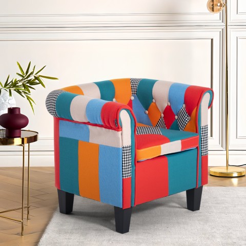 Fotel w stylu patchwork o wielobarwnym materiale nowoczesny projekt Caen. Promocja