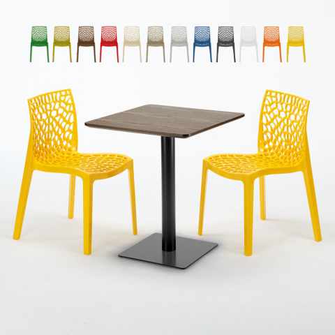 Drewniany kwadratowy stół 60x60 cm z czarną podstawą i z 2 kolorowymi krzesłami Gruvyer Kiss Promocja