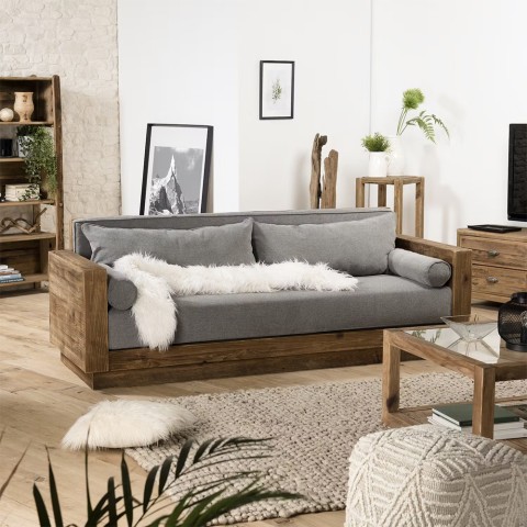Sofa 3-miejscowa z drewna rustykalnego 225x81x81cm z poduszkami, tapicerka szara Morgan Promocja