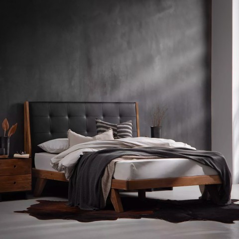 Łóżko małżeńskie drewniane 180x200cm king size zagłówek ze skóry ekologicznej Kate Promocja