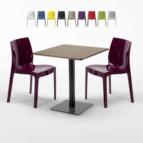 Czarny kwadratowy stół 60x60 cm blat w kolorze drewna z czarną podstawą z 2 kolorowymi krzesłami Ice Kiss Promocja