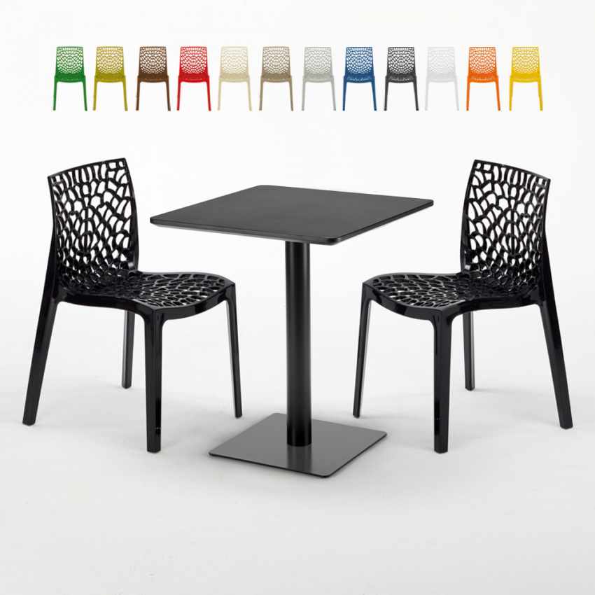 Czarny kwadratowy stół 60x60 cm z 2 kolorowymi krzesłami Gruvyer Licorice Promocja