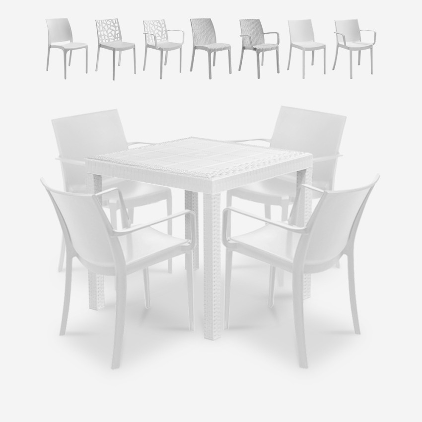 Zestaw stół zewnętrzny ogrodowy 80x80cm rattan 4 krzesła białe Nisida Light Środki Zestaw stół zewnętrzny ogrodowy 80x80cm rattan 4 krzesła białe Nisida Light Środki