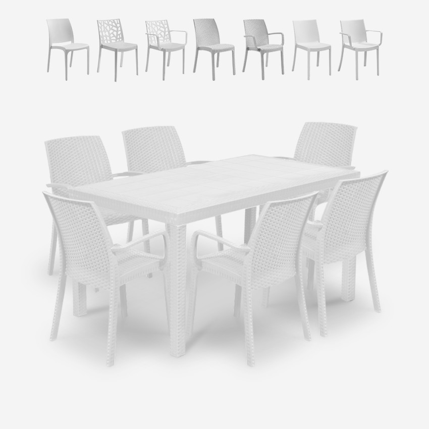 Stół zewnętrzny ogrodu rattanowy 150x90cm 6 krzeseł biały Meloria Light Rabaty Stół zewnętrzny ogrodu rattanowy 150x90cm 6 krzeseł biały Meloria Light Rabaty