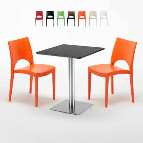 Czarny kwadratowy stolik 60x60 cm ze stalową podstawą i z 2 kolorowymi krzesłami Paris Pistachio
