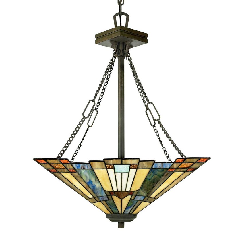 Klasyczna lampa wisząca w stylu Tiffany 3 żarówki klosz z kolorowego szkła Inglenook Promocja Klasyczna lampa wisząca w stylu Tiffany 3 żarówki klosz z kolorowego szkła Inglenook Promocja