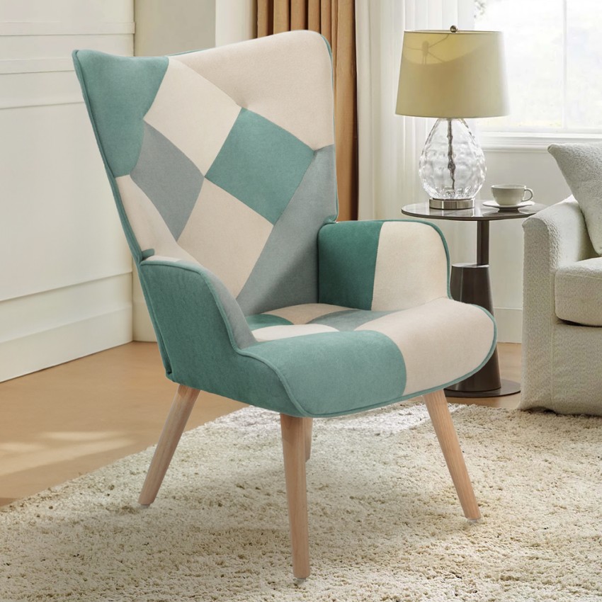 Fotel do salonu w stylu patchwork skandynawskim biało-niebieski Chapty Promocja Fotel do salonu w stylu patchwork skandynawskim biało-niebieski Chapty Promocja