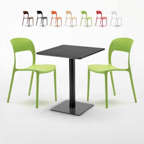 Czarny kwadratowy stół 60x60 cm z 2 kolorowymi krzesłami Restaurant Licorice