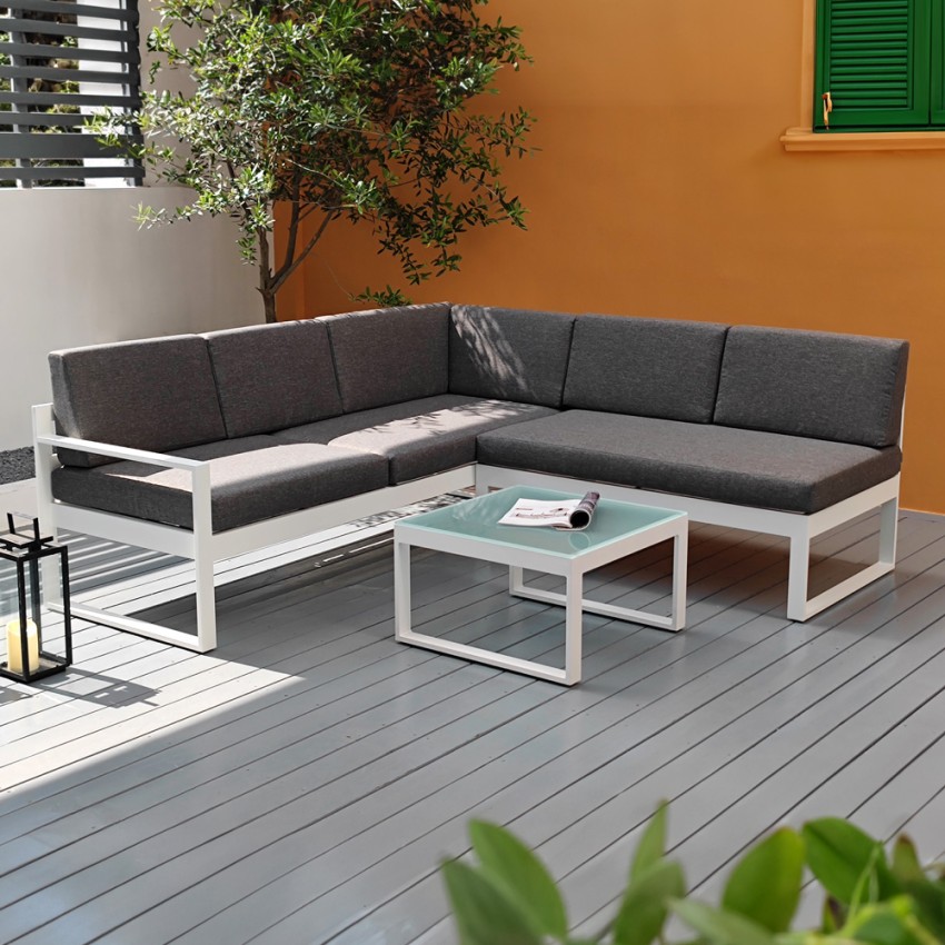 Salon ogrodowy zestaw sofa narożna + stolik szklany Jamila Promocja Salon ogrodowy zestaw sofa narożna + stolik szklany Jamila Promocja