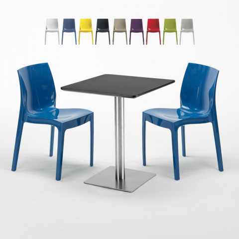 Czarny kwadratowy stolik 60x60 cm ze srebrna podstawa i z 2 krzesłami Ice Pistachio
