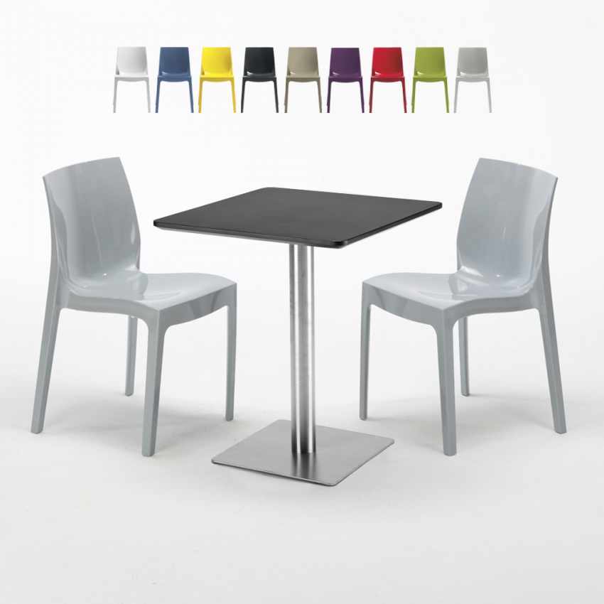 Czarny kwadratowy stolik 60x60 cm ze srebrna podstawa i z 2 krzesłami Ice Pistachio Sprzedaż