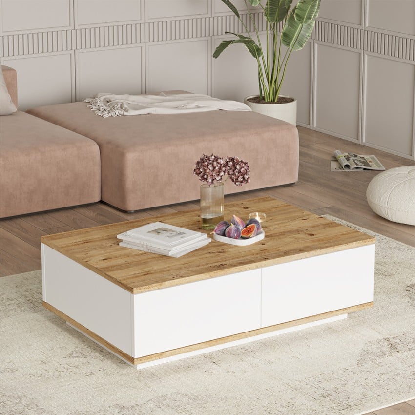 Stolik kawowy biały z dwiema szufladami i drewnianym blatem 90x60cm Tynne Promocja Stolik kawowy biały z dwiema szufladami i drewnianym blatem 90x60cm Tynne Promocja