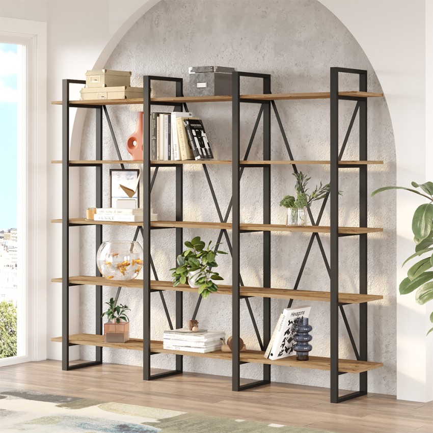 Regał na książki nowoczesny design metal drewno 220x34x180cm Batuan. Promocja Regał na książki nowoczesny design metal drewno 220x34x180cm Batuan. Promocja
