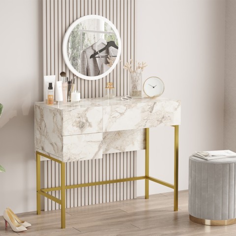 Konsola do makijażu na kółkach z lustrem 3 szuflady biały marmur złote nogi Helier Promocja
