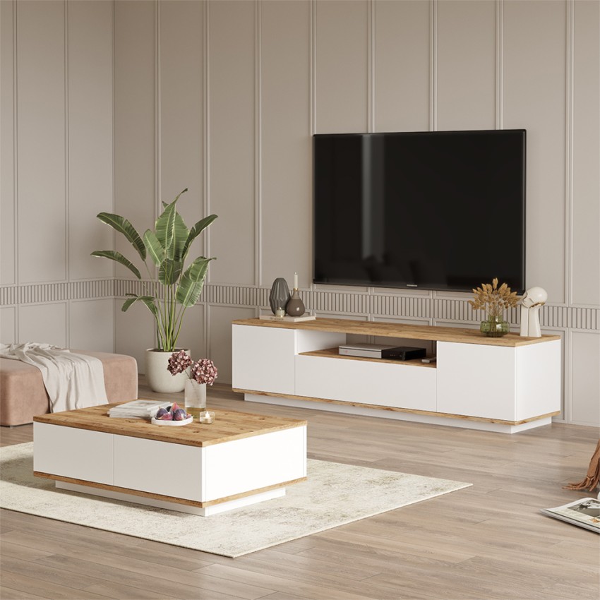 Zestaw komoda 3-drzwiowa + niski biały stół kawowy Design Moderno Award Promocja Zestaw komoda 3-drzwiowa + niski biały stół kawowy Design Moderno Award Promocja