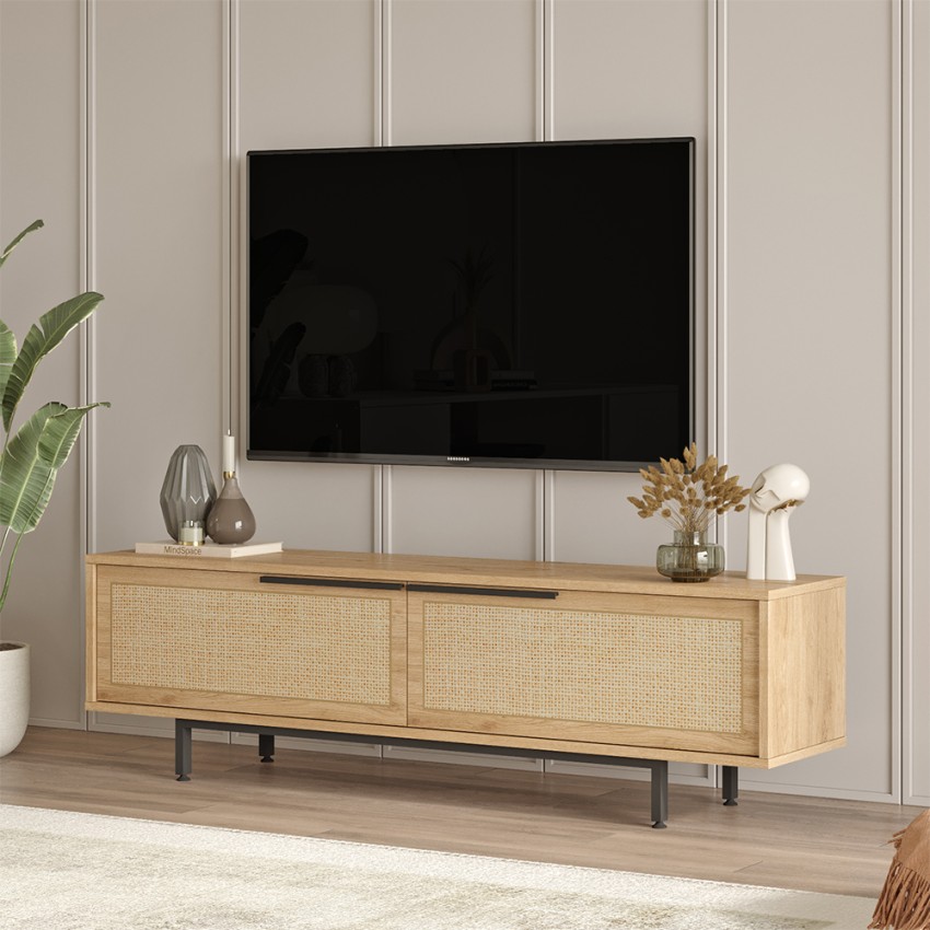 Komoda pod telewizor 160x36cm z drewna 2 drzwi efekt rattanu Bayeaux Promocja Komoda pod telewizor 160x36cm z drewna 2 drzwi efekt rattanu Bayeaux Promocja