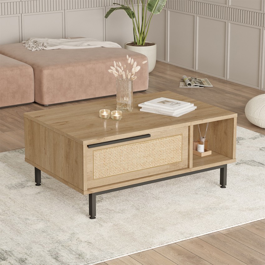 Stolik kawowy 90x60cm z drewna z efektem rattanu i półką Micheau. Promocja Stolik kawowy 90x60cm z drewna z efektem rattanu i półką Micheau. Promocja