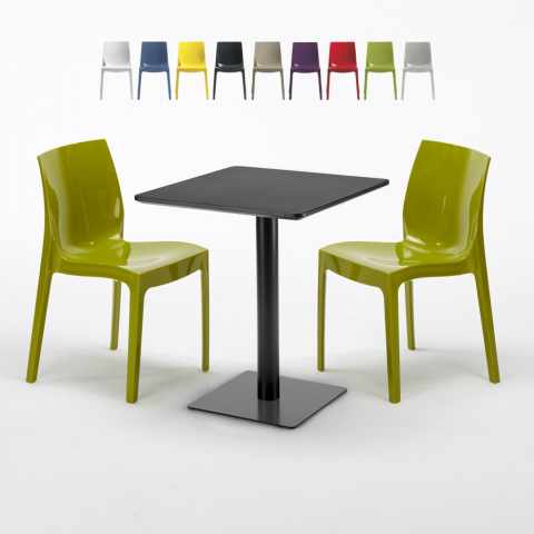 Czarny kwadratowy stolik kawowy 60x60 cm z 2 kolorowymi krzesłami Ice Licorice