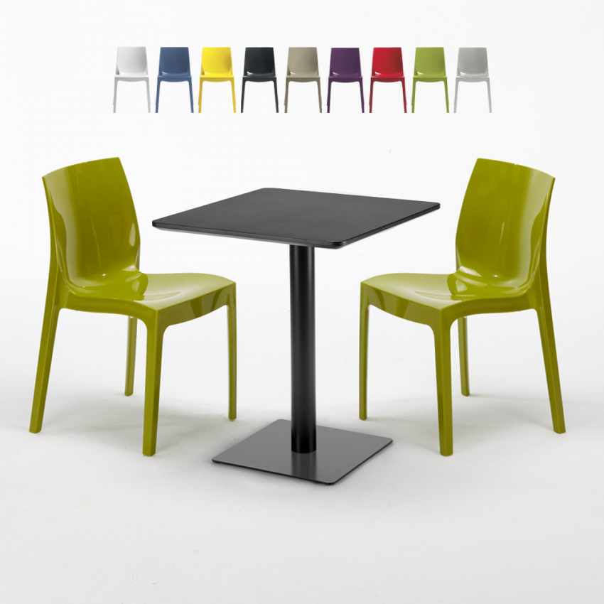Czarny kwadratowy stolik kawowy 60x60 cm z 2 kolorowymi krzesłami Ice Licorice Promocja