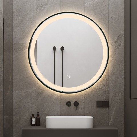 Lustro łazienkowe LED okrągłe 80cm podświetlane tylne czarne ramka Smidmur XL Promocja