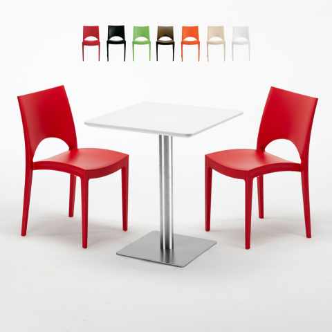 Biały kwadratowy stolik 60x60 cm z 2 kolorowymi krzesłami Paris Hazelnut