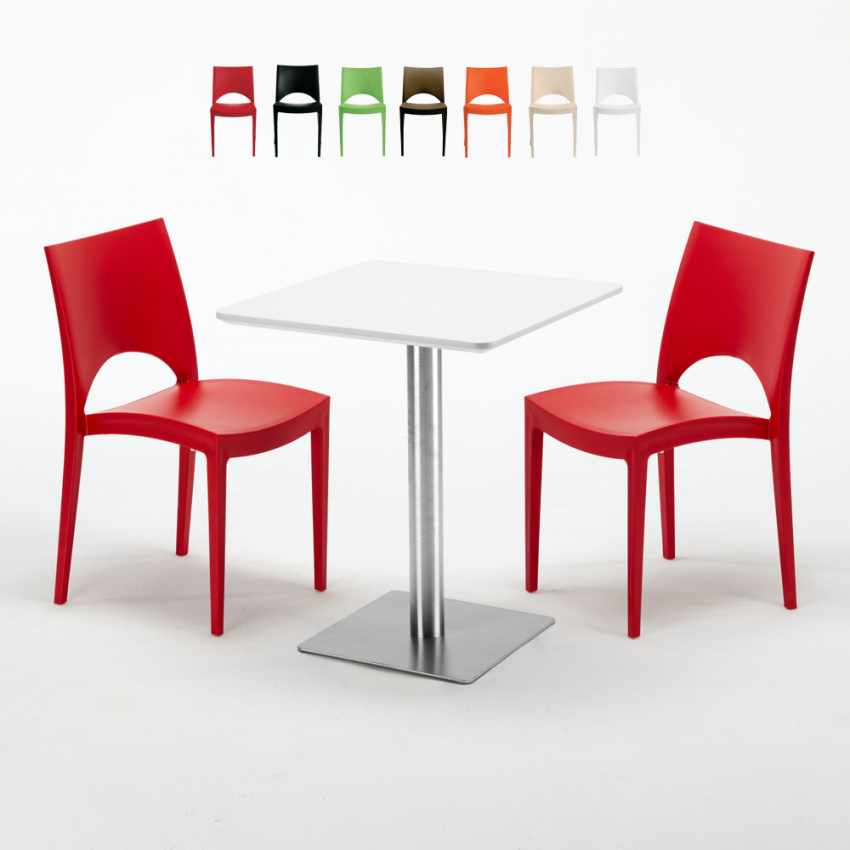 Biały kwadratowy stolik 60x60 cm z 2 kolorowymi krzesłami Paris Hazelnut Promocja