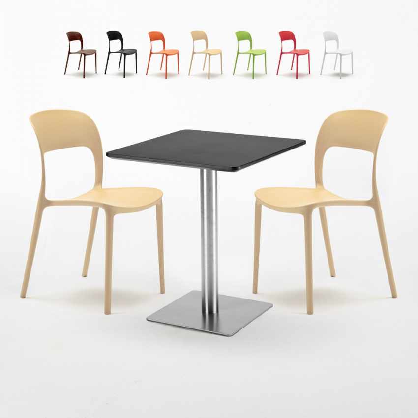 Czarny kwadratowy stolik 60x60 cm ze stalową podstawą i z 2 kolorowymi krzesłami Pistachio Sprzedaż