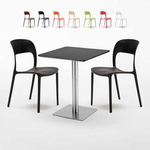 Czarny kwadratowy stolik 60x60 cm ze stalową podstawą i z 2 kolorowymi krzesłami Pistachio Promocja