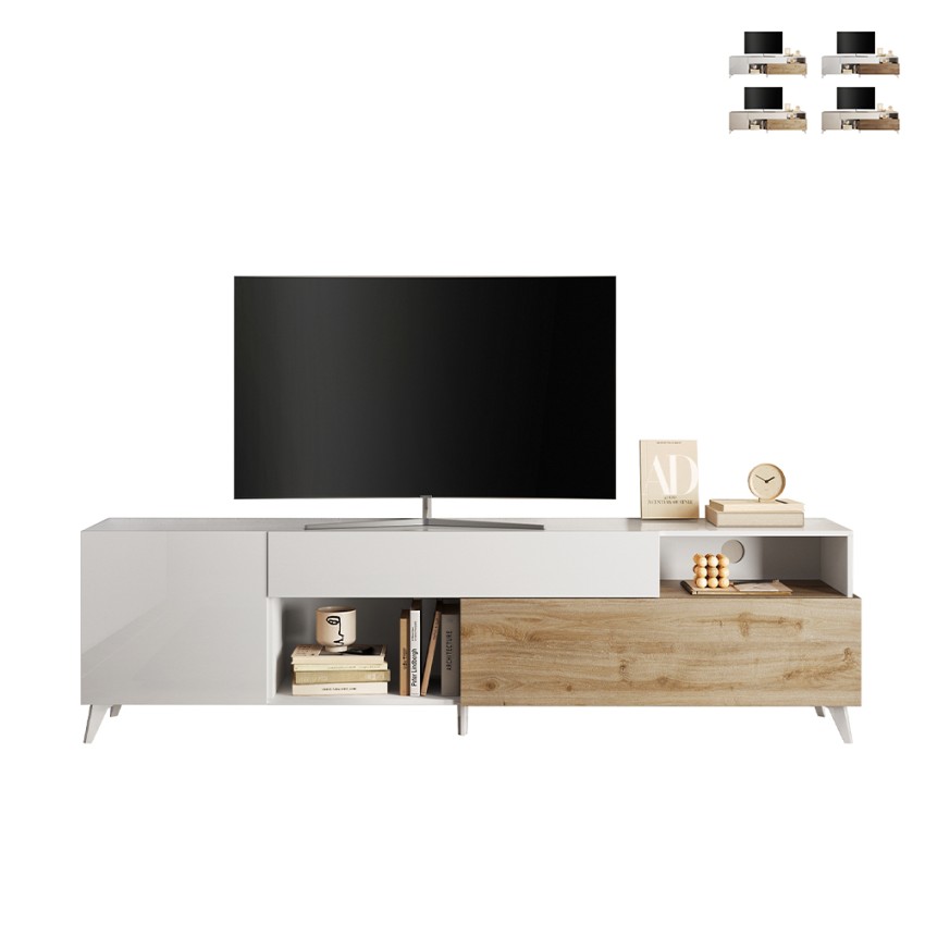 Biała szafka RTV Clere, nowoczesny design, drewniana z 2 drzwiczkami i szufladą, 241x42x67 cm Promocja Biała szafka RTV Clere, nowoczesny design, drewniana z 2 drzwiczkami i szufladą, 241x42x67 cm Promocja