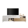 Biała szafka RTV Clere, nowoczesny design, drewniana z 2 drzwiczkami i szufladą, 241x42x67 cm Cechy