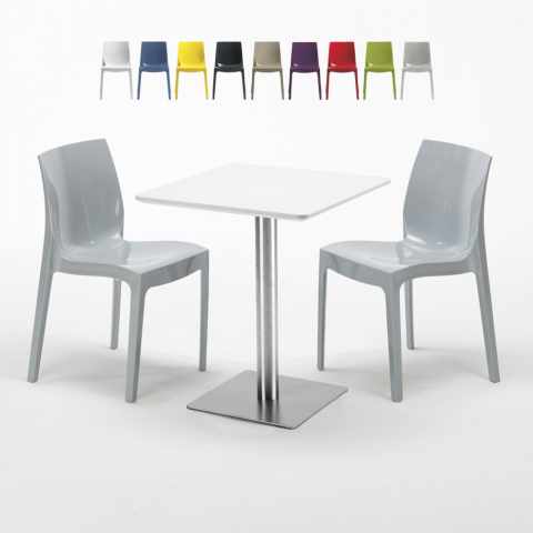 Biały kwadratowy stolik 60x60 cm z 2 kolorowymi krzesłami Ice Hazelnut